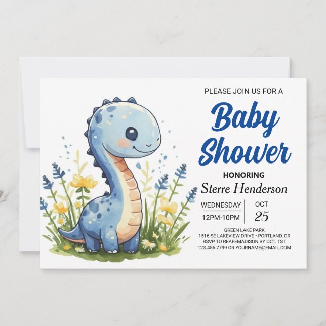 Happy Blue Funny Dinosaur Boy Baby Shower Einladung (Vorderseite)