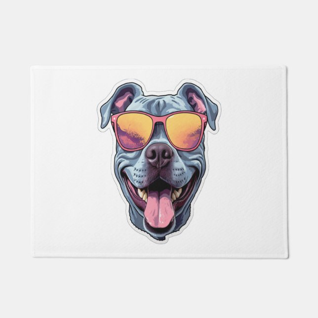 Happy Blue Pitbull mit Sonnenbrille Fußmatte (Vorderseite)