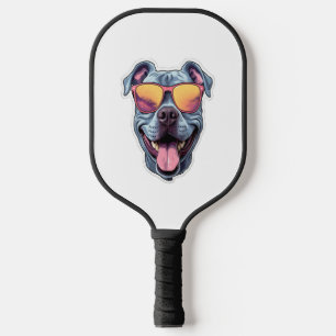 Happy Blue Pitbull mit Sonnenbrille Pickleball Schläger