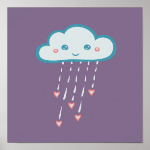 Happy Blue Rain Cloud Regen rosa Herzen Poster