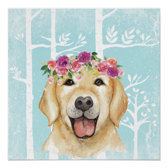 Happy Blume Animal in Blue Forest-Dog Retriever Poster (Vorderseite)