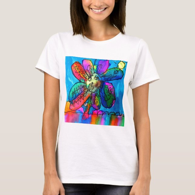 Happy Blume Kind's Art rosa und blau Stift und Tin T-Shirt (Vorderseite)