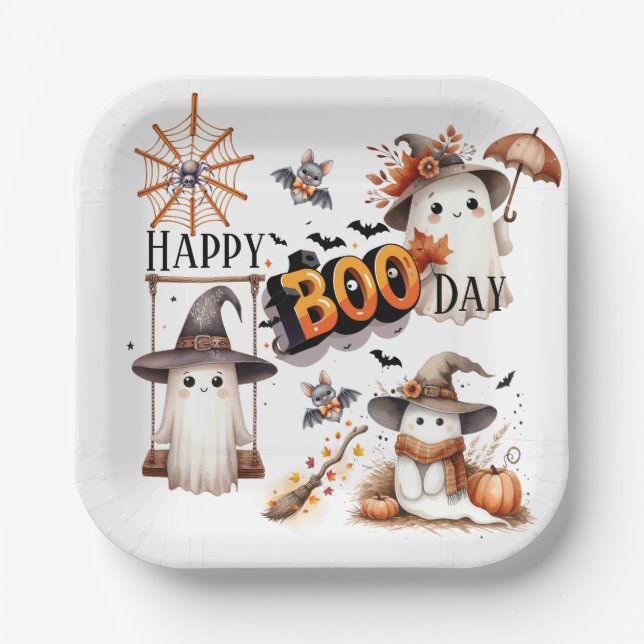 Happy BOO Day Niedlich Watercolor Ghost Fall Pappteller (Vorderseite)