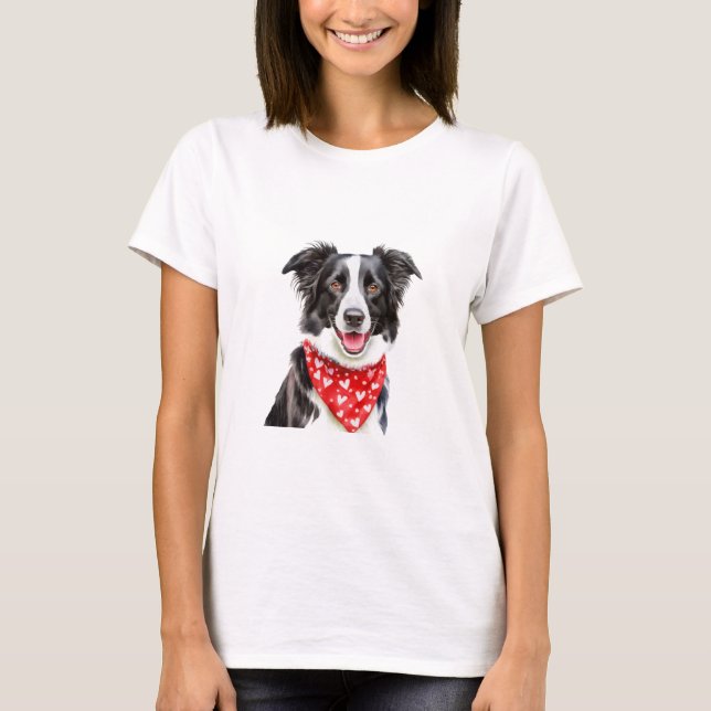 Happy Border Collie mit Red Heart Bandana T-Shirt (Vorderseite)