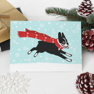 Happy Boston Terrier Winter Snow Weihnachten