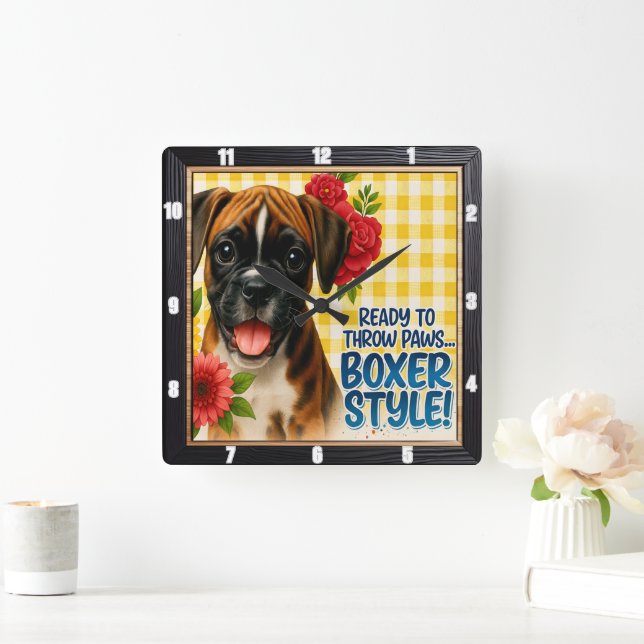 Happy Boxer Puppy Floral Quadratische Wanduhr (Zuhause)