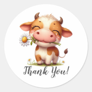 Happy Brown Cow mit Blume Danke Runder Aufkleber