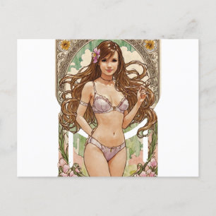 Happy Brünett V2 Mucha Art Feiertagspostkarte