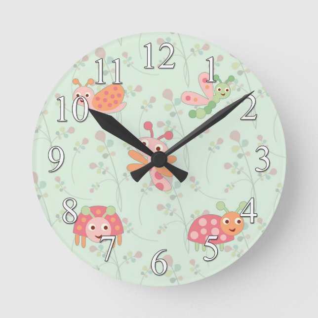 Happy Bugs Girls Wall Clock Runde Wanduhr (Vorderseite)