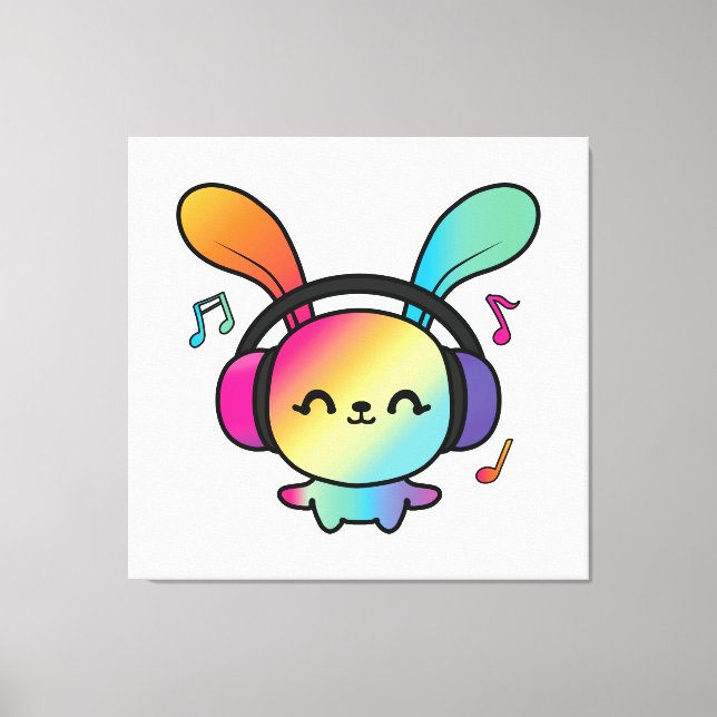 Happy Bunny mit Kopfhörern, die Musik hören. Leinwanddruck (Vorderseite)