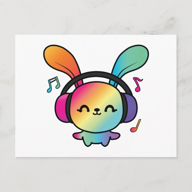Happy Bunny mit Kopfhörern, die Musik hören. Postkarte (Vorderseite)