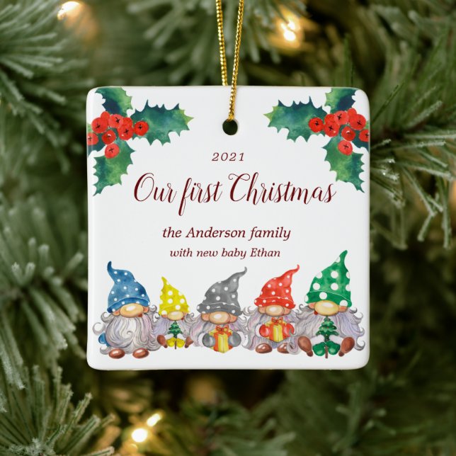 Happy bunt gnomes erste Weihnachtsfeier Foto Keramikornament (Baum)