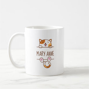 Happy Calico Cat Peeking hinter Individuelle Name Kaffeetasse