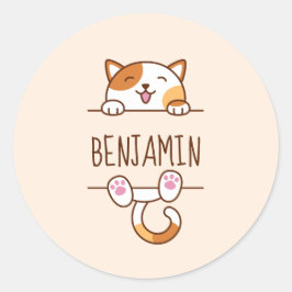 Happy Calico Cat Peeking hinter Individuelle Name Runder Aufkleber