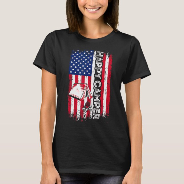 Happy Camper American Flag Camping Wandern T-Shirt (Vorderseite)