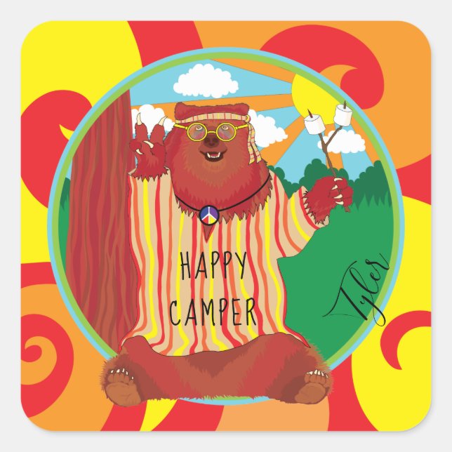 Happy Camper Bear Stickers Square (Vorderseite)