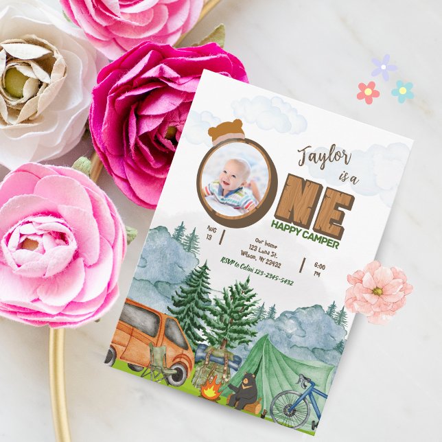 Happy Camper Einladung 1. Geburtstag (Junge, Foto) (Camper 1st Birthday Invitation Template)