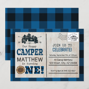 Happy Camper Holzfäller Flanell Erster Geburtstag Einladung