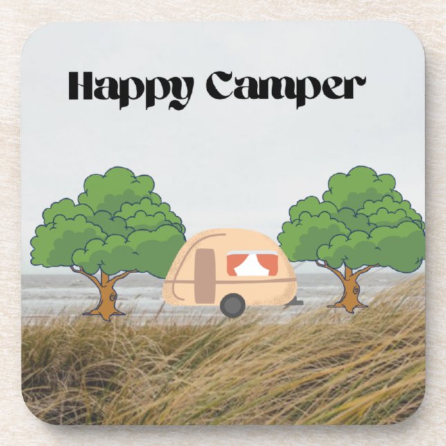 Happy Camper mit Camper und Bäumen auf dem Wasser Getränkeuntersetzer (Vorderseite)