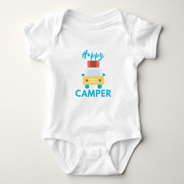 Happy Camper mit Gelb/Weiß Auto mit Gepäck Baby Strampler (Vorderseite)