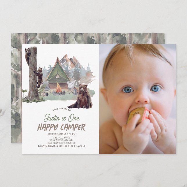 Happy Camper Mountain Bears Junge 1. Geburtstag Einladung (Vorne/Hinten)