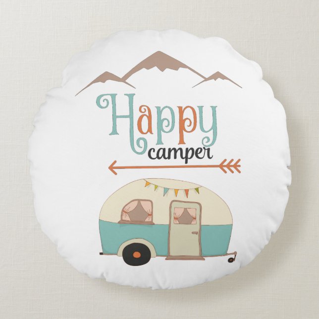 HAPPY CAMPER Niedlich Retro RV Rundes Kissen (Vorderseite)