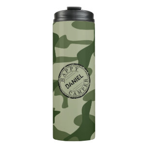 Happy Camper Olive Green Camouflage Name Camping R Thermosbecher