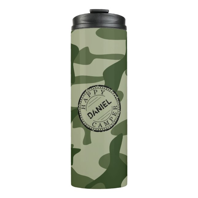 Happy Camper Olive Green Camouflage Name Camping R Thermosbecher (Vorderseite)