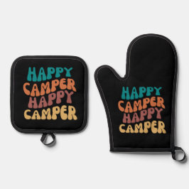Happy Camper Retro Wavy Text Black Hintergrund Ofenhandschuh & Topflappen-Set