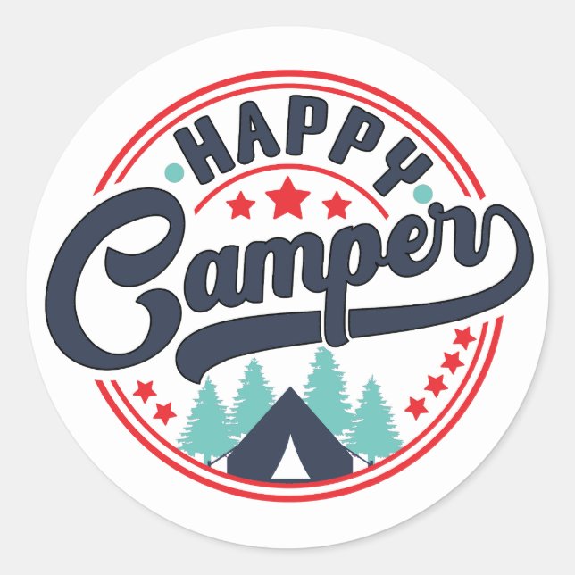 Happy Camper Runder Aufkleber (Vorderseite)