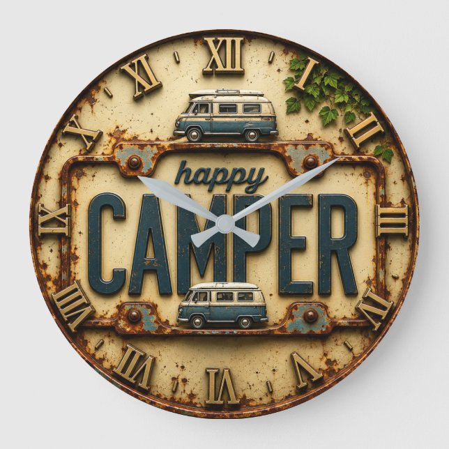 Happy Camper RV Adventure Gift Rustic Cabin Große Wanduhr (Vorderseite)