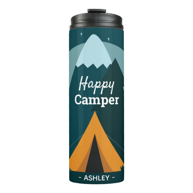 Happy Camper Tent and Mountains Thermosbecher (Vorderseite)
