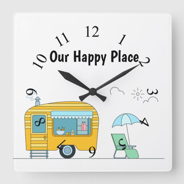Happy Camper Trailer Hintergrund Quadratische Wanduhr (Vorderseite)