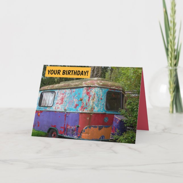 HAPPY CAMPER VINTAG HIPPIE CAMPER BIRTHDAY CARD KARTE (Vorderseite)