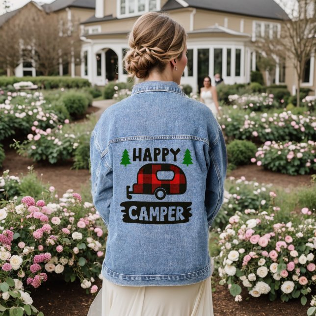 Happy Camper Women's Denim Jacket Jeansjacke (Hochzeit Rückseite)