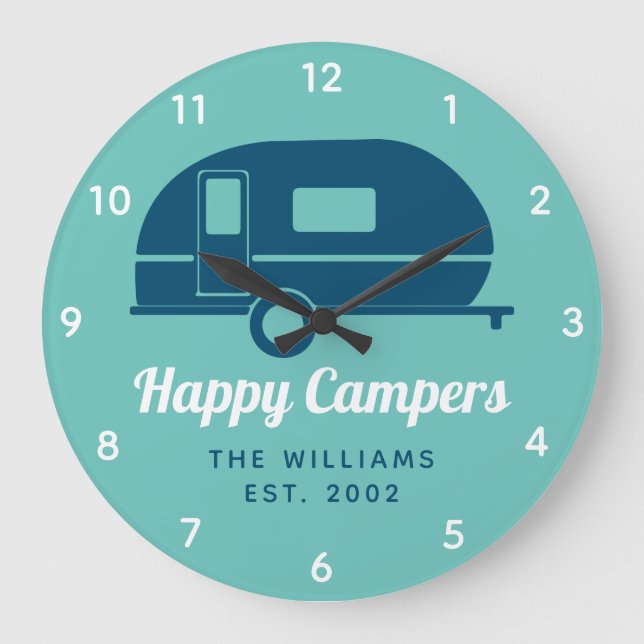 Happy Campers Aquamarin Navy Camping Große Wanduhr (Vorderseite)