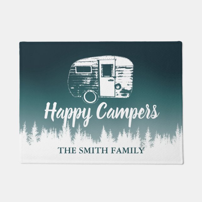 Happy Campers Aquamarin Ombre Forest Family Name Fußmatte (Vorderseite)