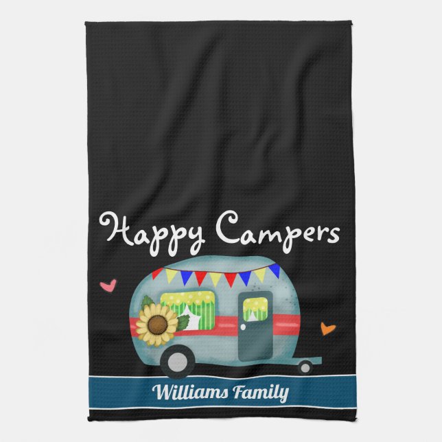Happy Campers Familienname Geschirrtuch (Vertikal)