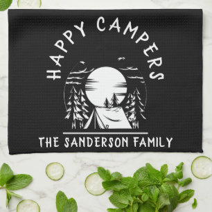 Happy Campers Family Name Camping Trip Schwarz-wei Geschirrtuch