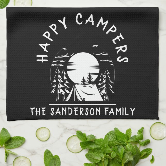 Happy Campers Family Name Camping Trip Schwarz-wei Geschirrtuch (Gefaltet)
