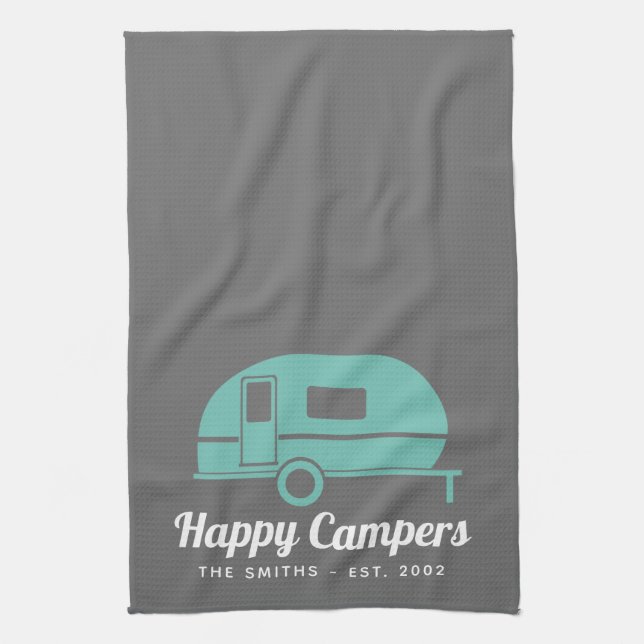 Happy Campers Graues Aquamarines Camping Geschirrtuch (Vertikal)