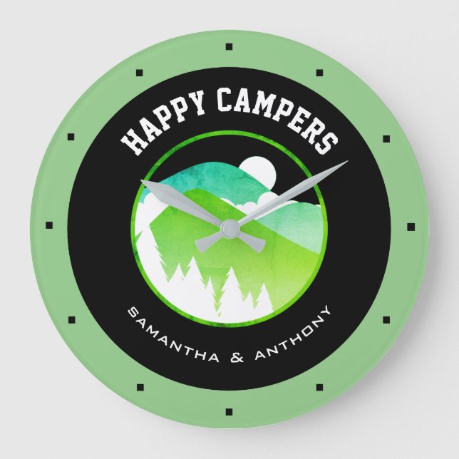 Happy Campers Paare nennen Green Black Camping Große Wanduhr (Vorderseite)