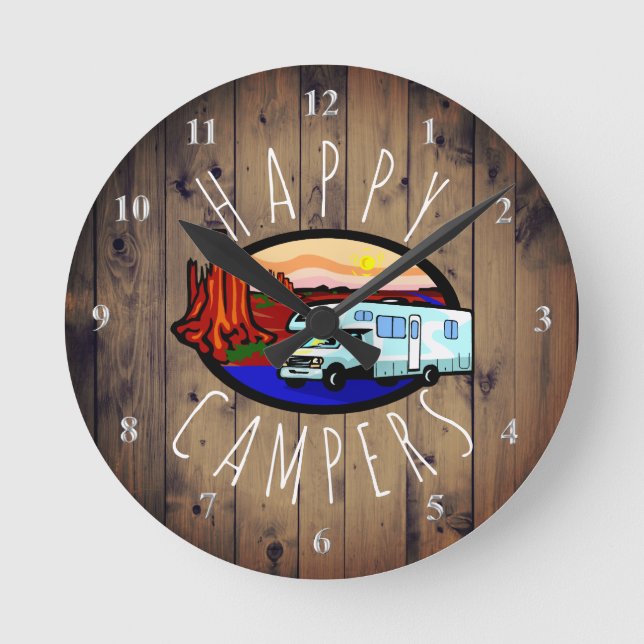 Happy Campers Pension RV Camping Rustic Wood Runde Wanduhr (Vorderseite)