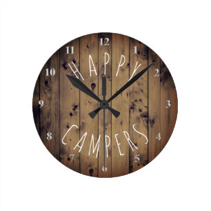 Happy Campers Rustic Wood   RV-Camping Runde Wanduhr