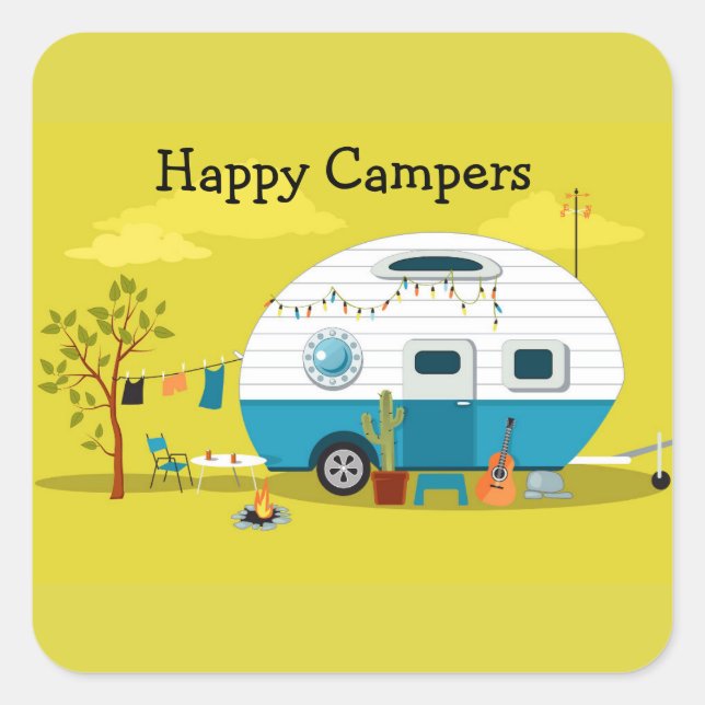 Happy Campers Trailer Quadratischer Aufkleber (Vorderseite)