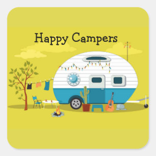 Happy Campers Trailer Quadratischer Aufkleber