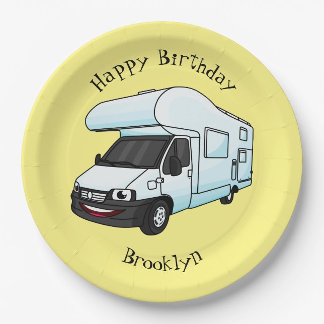 Happy campervan Cartoon Illustration Pappteller (Vorderseite)