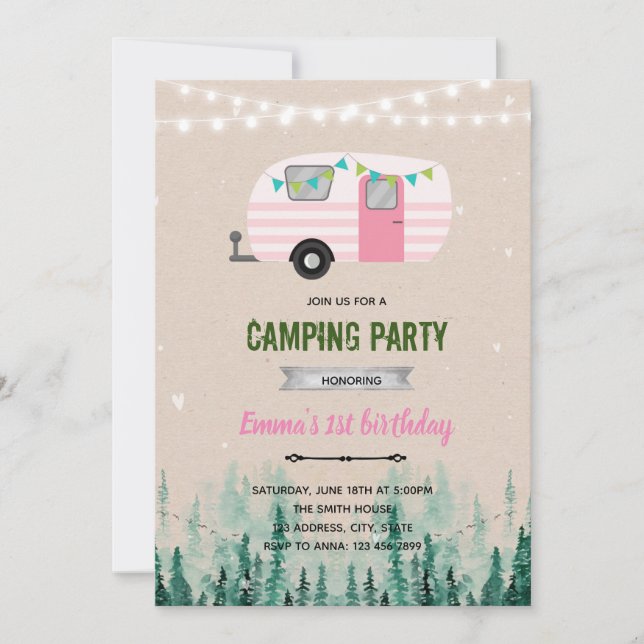 Happy Camping Mädchen Thema einladen Einladung (Vorderseite)