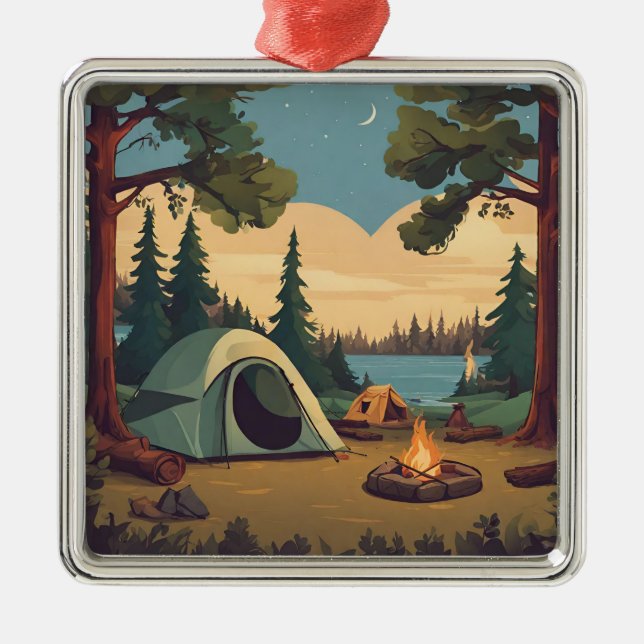 Happy Camping Zelt und Campfire Ornament Aus Metall (Vorne)