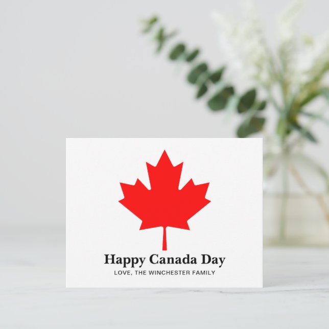 Happy Canada Day Custom Text mit rotem Ahornblatt Postkarte (Stehend Vorderseite)